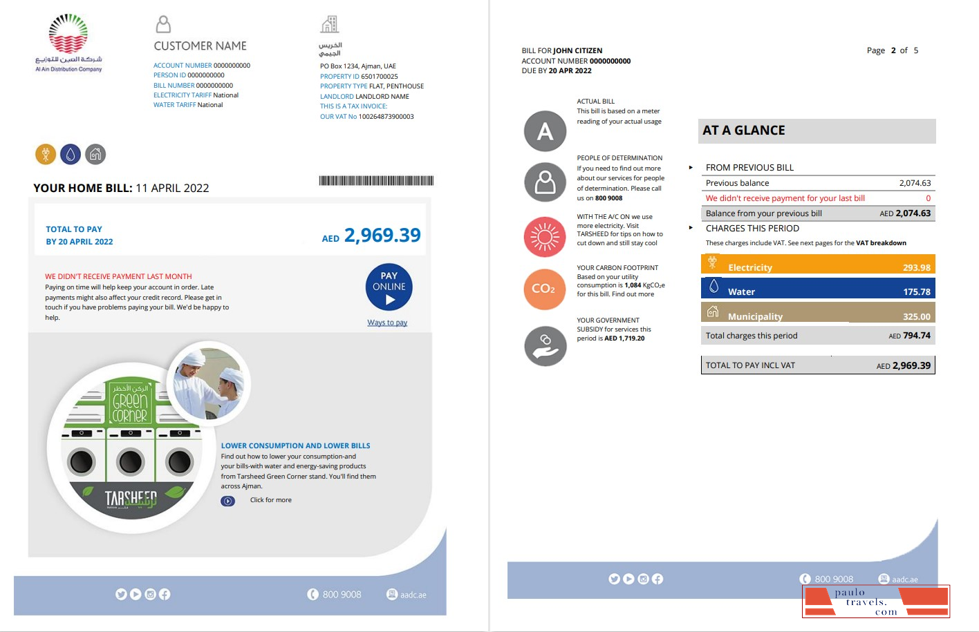 UAE Ajman Al Ain Distribution Co. Word and PDF utility bill template (5 pages) 1 2